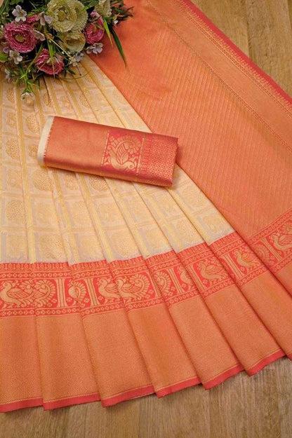 Banarasi Soft Silk Ras Orange Box Silk Sarees  Banarasi Silk Soft Silk Traditional Saree E