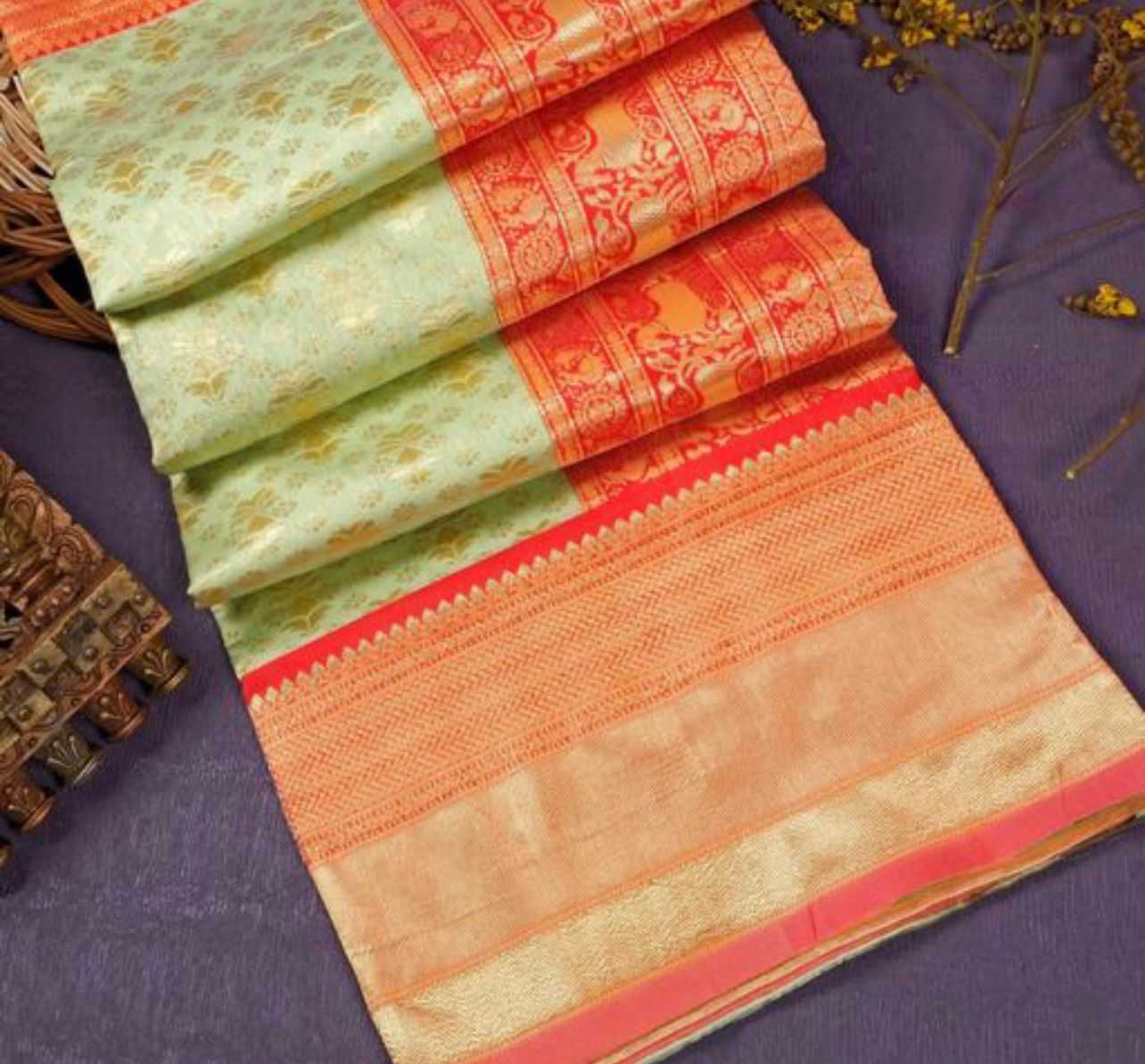 Banarasi Soft Silk Ras Pista Flower Silk Sarees  Banarasi Silk Soft Silk Traditional Sarees