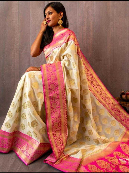 Banarasi Soft Silk Ras White Butta Silk Sarees  Banarasi Silk Soft Silk Traditional Sarees