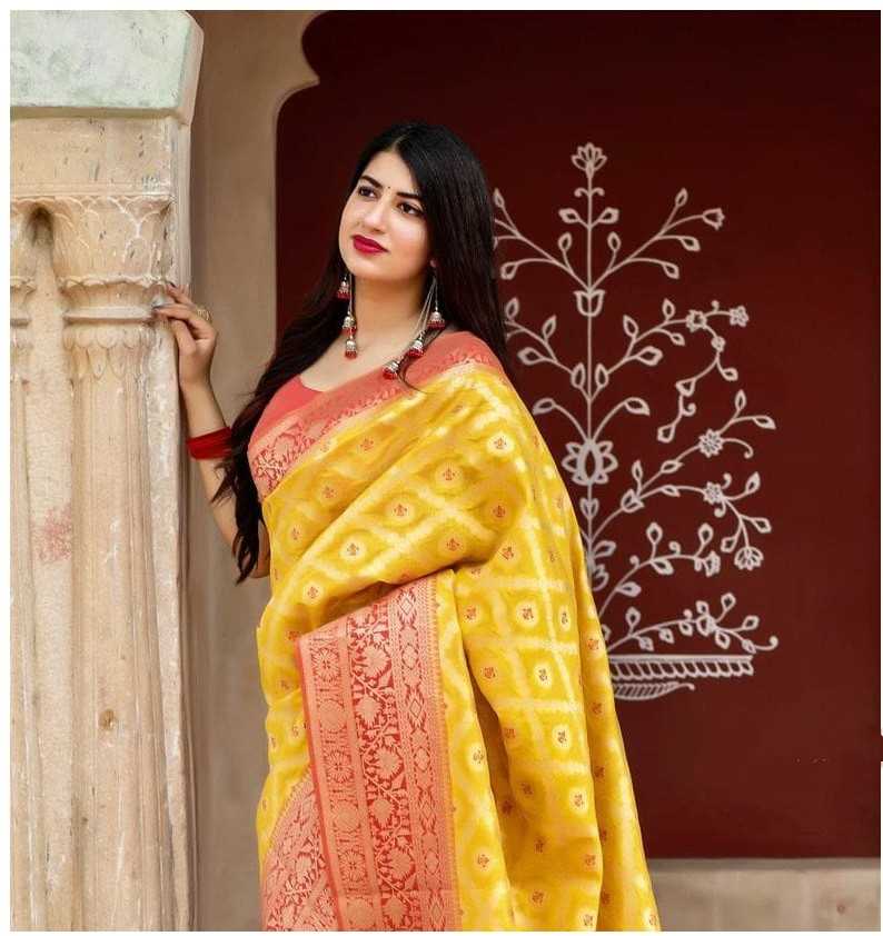 Banarasi Soft Silk Ras Yellow Pari Silk Sarees  Banarasi Silk Soft Silk Traditional Sarees