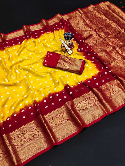 Bandhani Silk Kesh194 Kanjivaram Silk Sarees  Printed Bandhani Bandhej Kanchipuram Zari Border Sarees