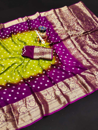 Bandhani Silk Kesh194 Kanjivaram Silk Sarees  Printed Bandhani Bandhej Kanchipuram Zari Border Sarees