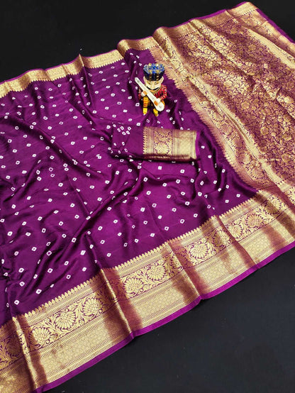 Bandhani Silk Kesh194 Kanjivaram Silk Sarees  Printed Bandhani Bandhej Kanchipuram Zari Border Sarees