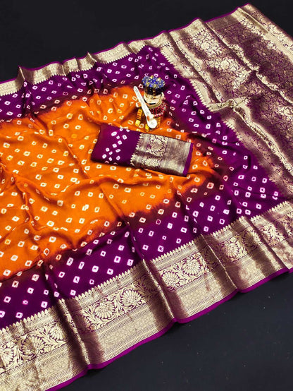 Bandhani Silk Kesh194 Kanjivaram Silk Sarees  Printed Bandhani Bandhej Kanchipuram Zari Border Sarees