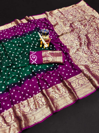 Bandhani Silk Kesh194 Kanjivaram Silk Sarees  Printed Bandhani Bandhej Kanchipuram Zari Border Sarees