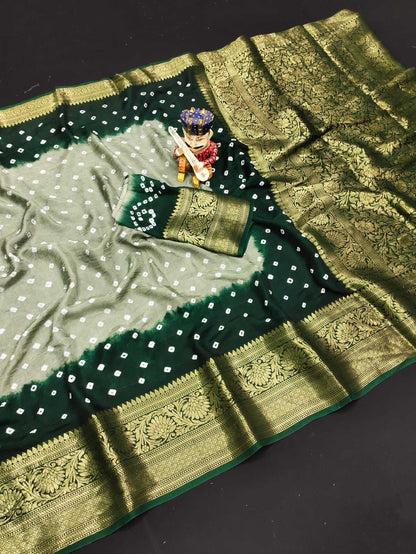 Bandhani Silk Kesh194 Kanjivaram Silk Sarees  Printed Bandhani Bandhej Kanchipuram Zari Border Sarees