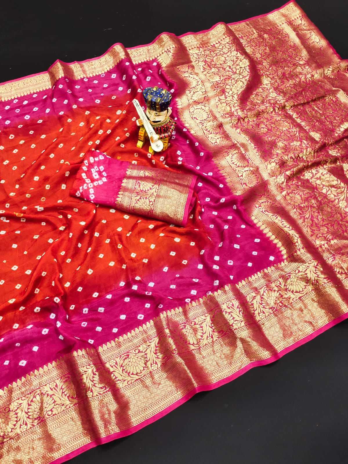 Bandhani Silk Kesh194 Kanjivaram Silk Sarees  Printed Bandhani Bandhej Kanchipuram Zari Border Sarees