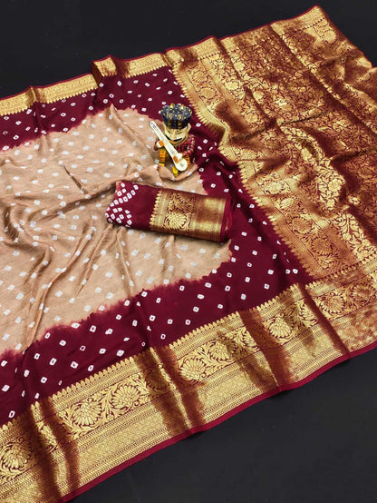 Bandhani Silk Kesh194 Kanjivaram Silk Sarees  Printed Bandhani Bandhej Kanchipuram Zari Border Sarees