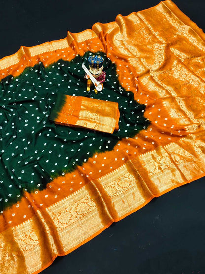 Bandhani Silk Kesh194 Kanjivaram Silk Sarees  Printed Bandhani Bandhej Kanchipuram Zari Border Sarees