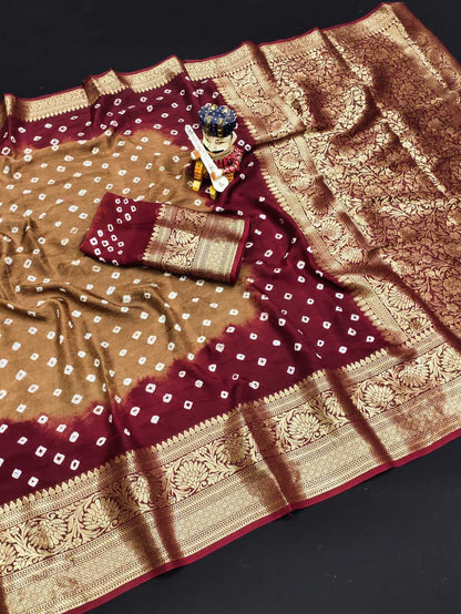 Bandhani Silk Kesh194 Kanjivaram Silk Sarees  Printed Bandhani Bandhej Kanchipuram Zari Border Sarees