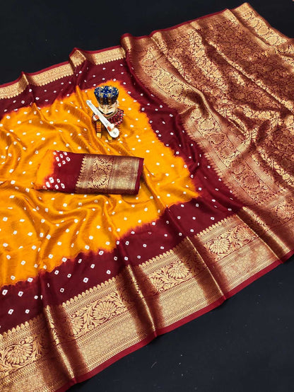 Bandhani Silk Kesh194 Kanjivaram Silk Sarees  Printed Bandhani Bandhej Kanchipuram Zari Border Sarees