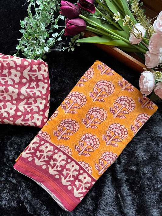 Batik Kesh201 Batik Pooja Sarees  Printed Cotton Linen Ladies Batik Sarees