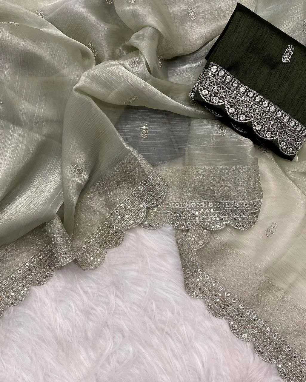 Burberry Silk Kesh189 Albeli Sares  Jimmy Choo Party Wear Fancy Sequence Cutwork Silk Zari Sarees