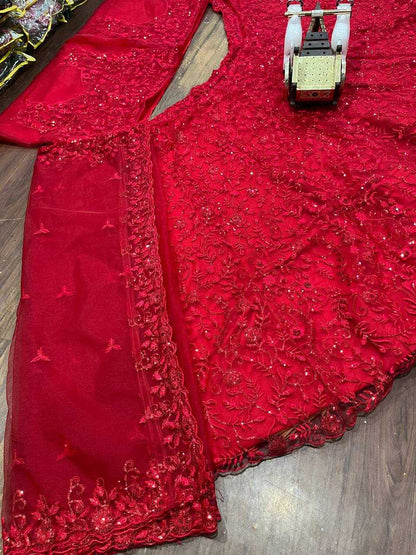 Butterfly Net Rin108 1678 Lehengas  Wedding Net Fancy Embroidered Red Lehengas