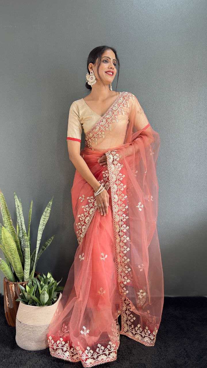 Butterfly Net Rin121 996 Sarees  Ready To Wear Fancy Net Pre Draped Lace Border Gota Work Sarees