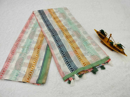 Chanderi Cotton Kesh131 Chanderi Cotton Sarees  Printed Cotton Linen Ladies Chanderi Zari Border Sarees