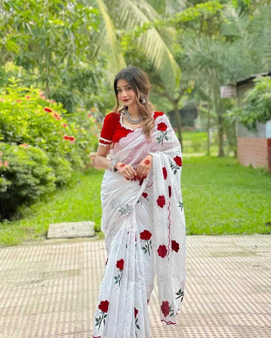 Chanderi Cotton Kesh162 Vrt05 Sarees  Fancy Cotton Linen Chanderi White Cutwork Saree With Blouse