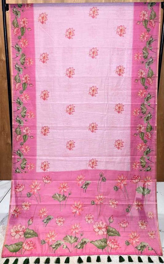 Chanderi Cotton Rew Pichwai Sarees  Printed Cotton Linene Ladies Chanderi Sarees