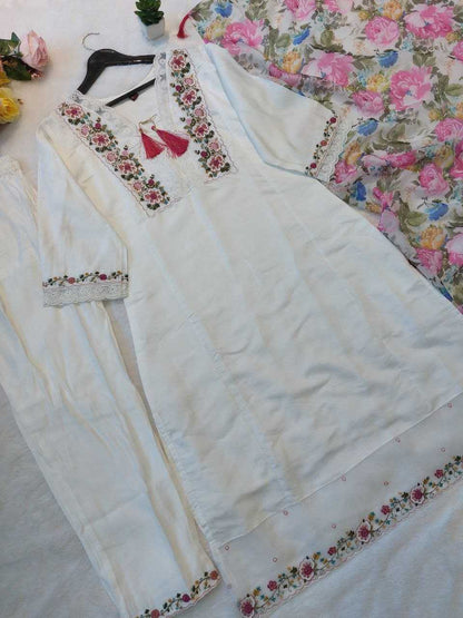 Chanderi Cotton Rin201 Rrd35 Suits & Dresses  Embroidery Chanderi Long Kurti White Salwar Suits Manufacture