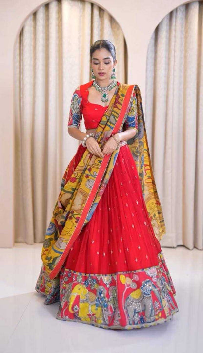 Chent Crep Kesh119 455 Lehengas  Kalamkari Printed Lehenga With Blouse Lehenga With Dupatta