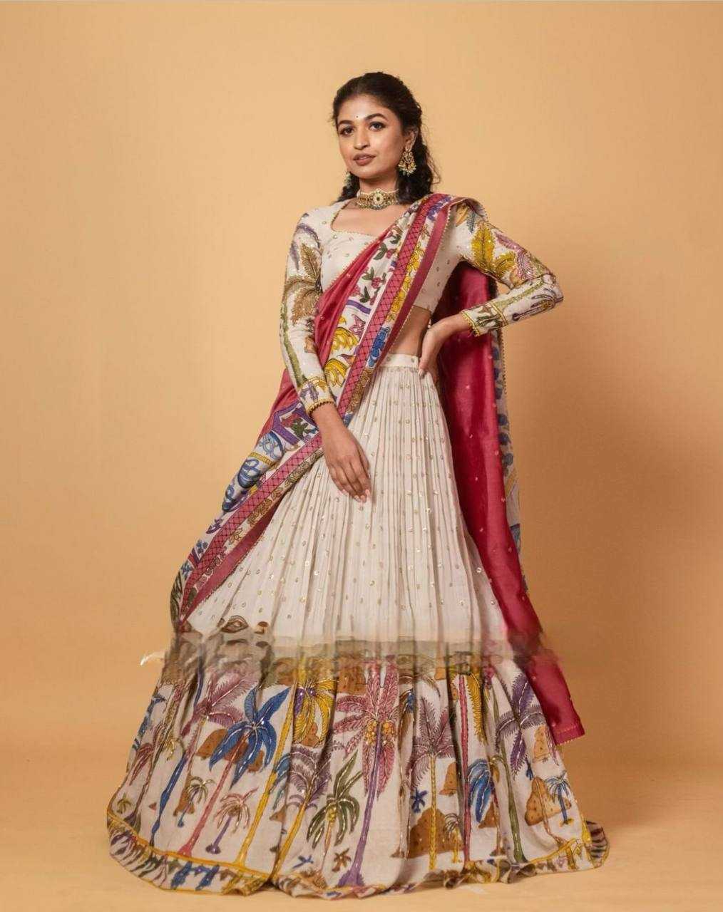 Chent Crep Kesh119 456 Lehengas  Kalamkari Printed Lehenga With Blouse Lehenga With Dupatta