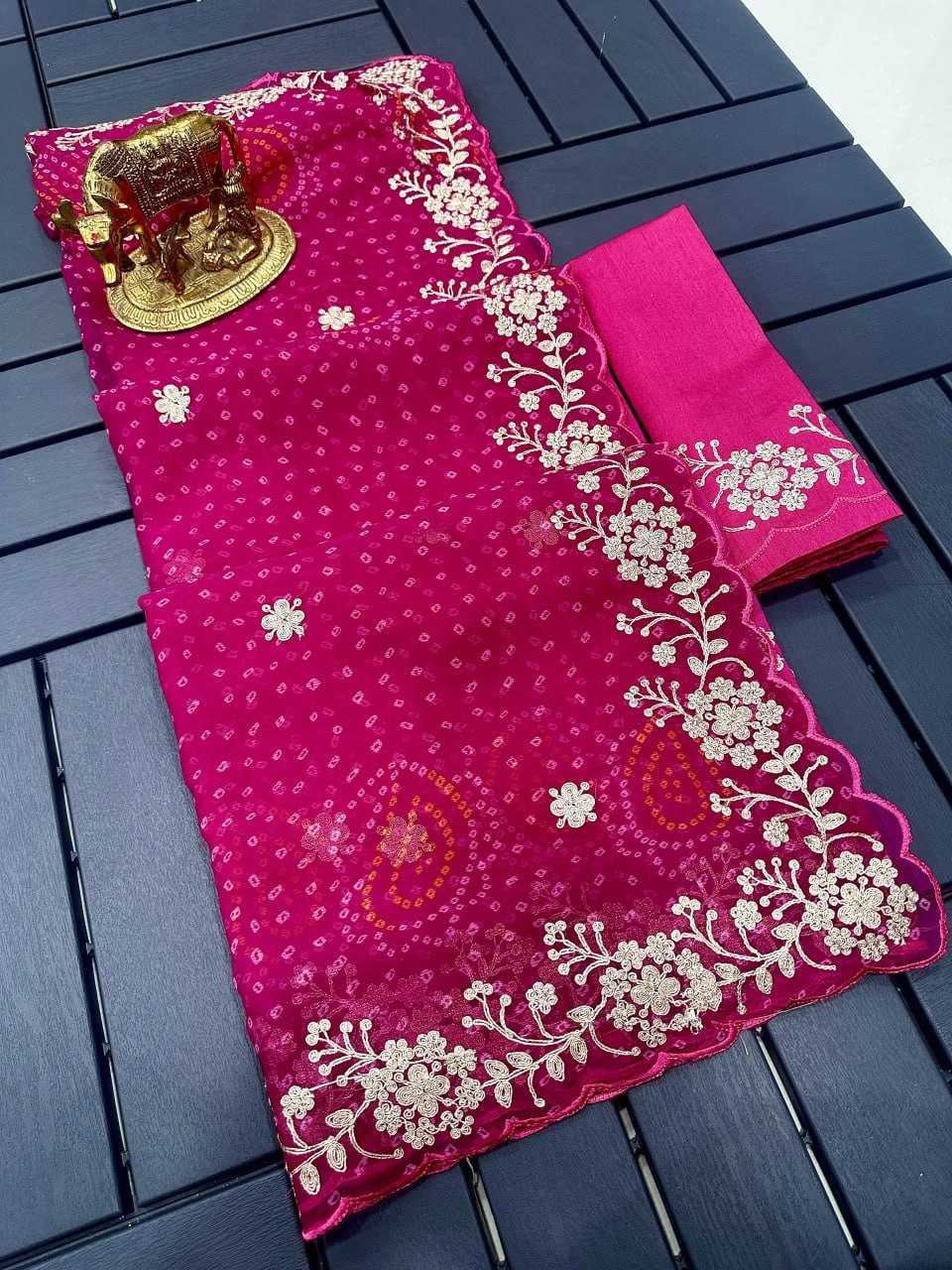 Chiffon Kesh142 Rohini Sarees  Bandhani Chiffon Printed Cutwrok Gota Patti Work Sarees