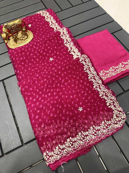 Chiffon Kesh142 Rohini Sarees  Bandhani Chiffon Printed Cutwrok Gota Patti Work Sarees