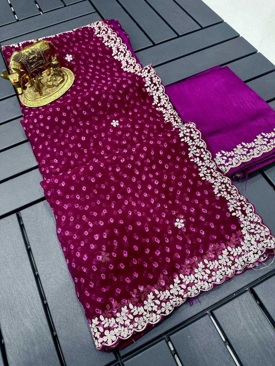 Chiffon Kesh142 Rohini Sarees  Bandhani Chiffon Printed Cutwrok Gota Patti Work Sarees