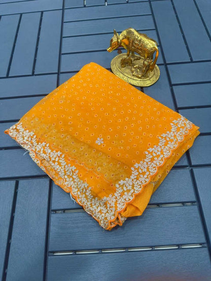 Chiffon Kesh142 Rohini Sarees  Bandhani Chiffon Printed Cutwrok Gota Patti Work Sarees