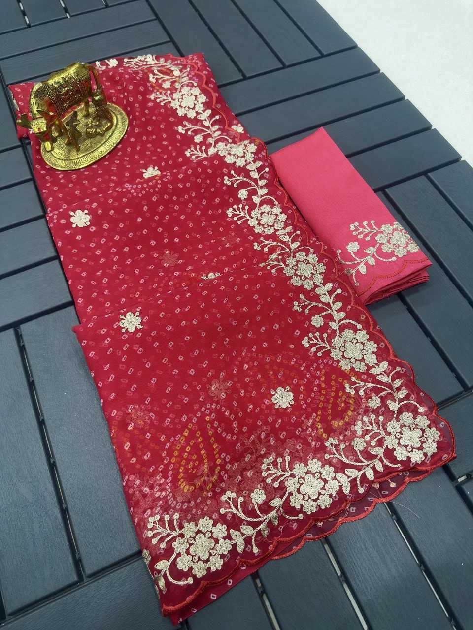 Chiffon Kesh142 Rohini Sarees  Bandhani Chiffon Printed Cutwrok Gota Patti Work Sarees