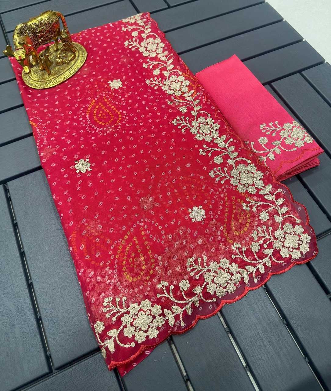 Chiffon Kesh142 Rohini Sarees  Bandhani Chiffon Printed Cutwrok Gota Patti Work Sarees