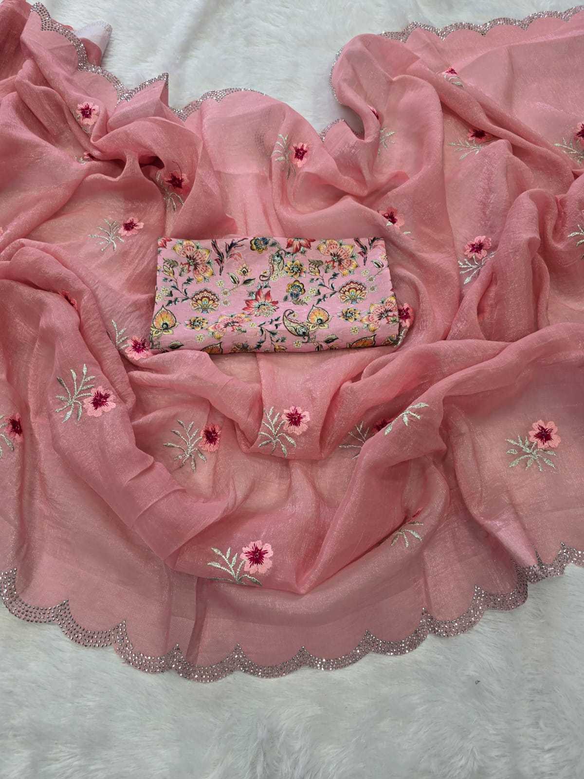 Chiffon Kesh195 Pink Flower Sarees  Chiffon Embroidered Lace Border Cutwork Sarees