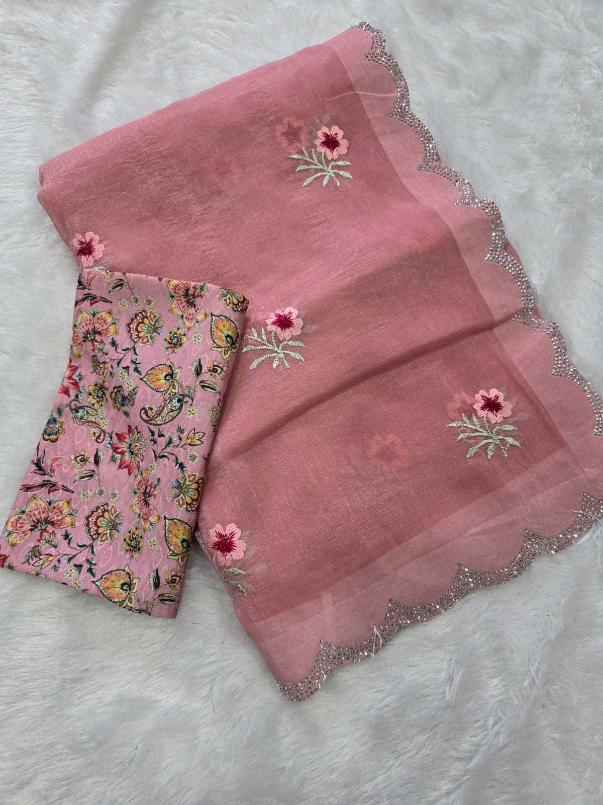 Chiffon Kesh195 Pink Flower Sarees  Chiffon Embroidered Lace Border Cutwork Sarees