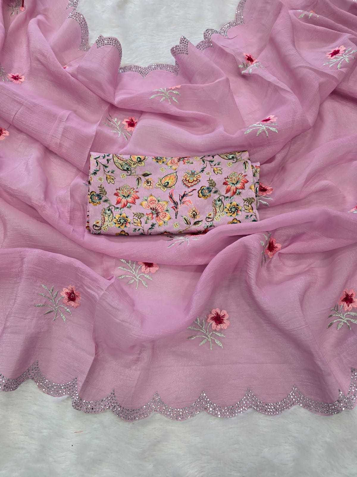 Chiffon Kesh195 Pink Flower Sarees  Chiffon Embroidered Lace Border Cutwork Sarees