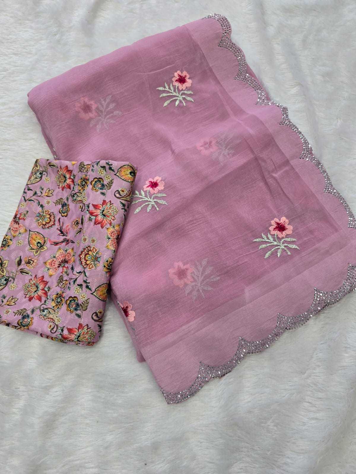 Chiffon Kesh195 Pink Flower Sarees  Chiffon Embroidered Lace Border Cutwork Sarees