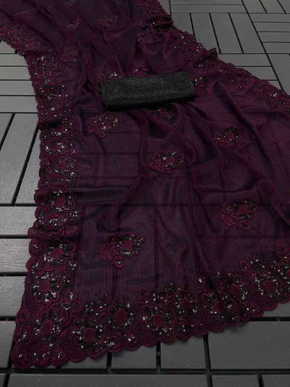 Chiffon Kesh198 604 Sarees  Sequin Work Chiffon Embroidered Cutwork Sarees