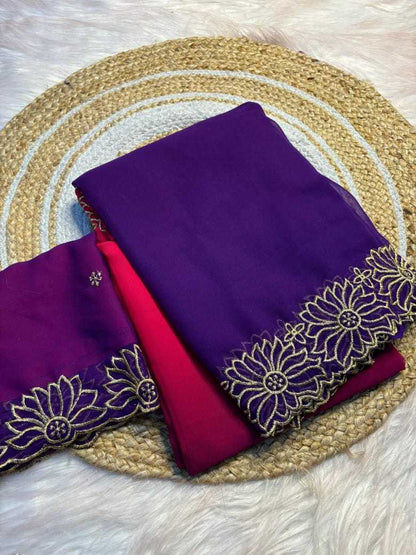 Chiffon Rin182 Run109 Sarees  Half And Half Chiffon Lace Border Cutwork Sarees