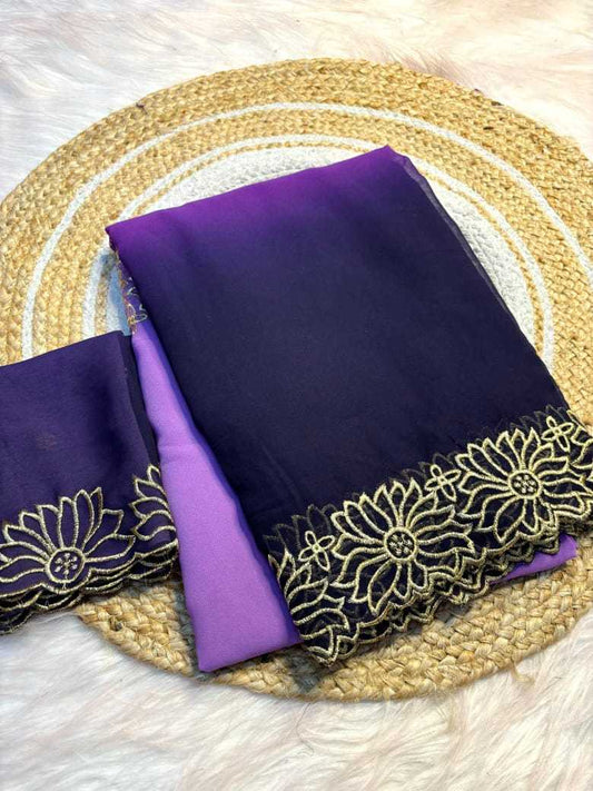 Chiffon Rin182 Run109 Sarees  Half And Half Chiffon Lace Border Cutwork Sarees