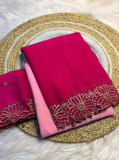 Chiffon Rin182 Run109 Sarees  Half And Half Chiffon Lace Border Cutwork Sarees