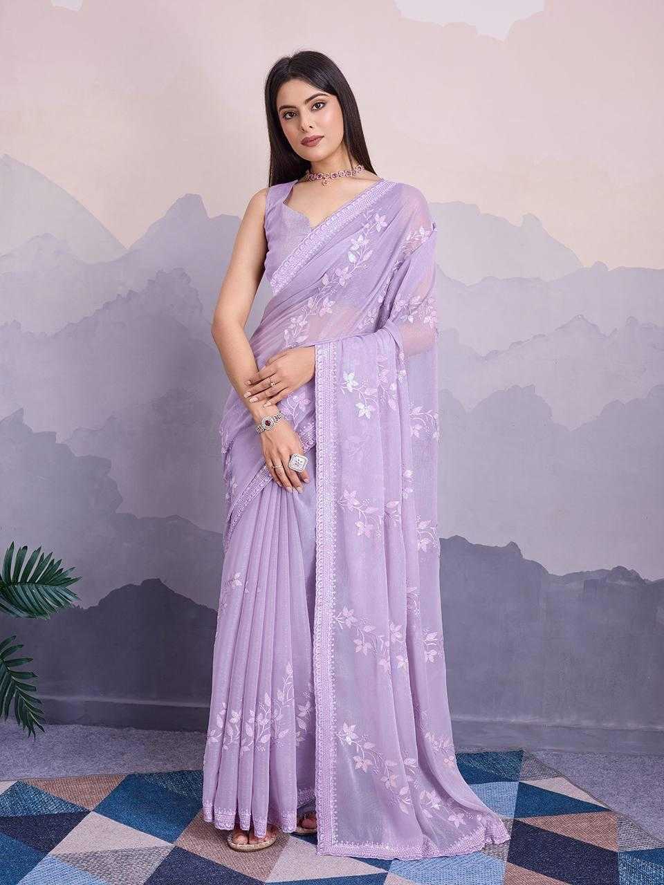 Chiffon Rin188 Canberry4 Sarees  Chiffon Embroidered Cutwork Sequins Work Sarees