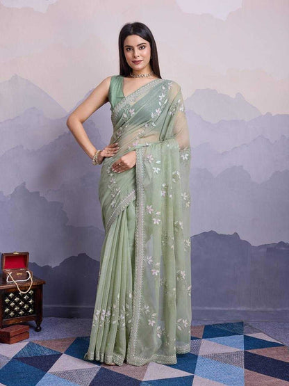 Chiffon Rin188 Canberry4 Sarees  Chiffon Embroidered Cutwork Sequins Work Sarees