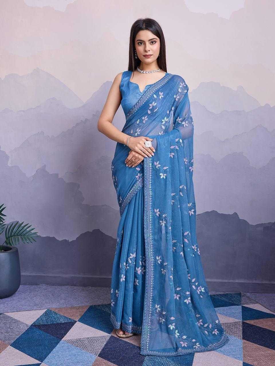 Chiffon Rin188 Canberry4 Sarees  Chiffon Embroidered Cutwork Sequins Work Sarees