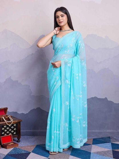 Chiffon Rin188 Canberry4 Sarees  Chiffon Embroidered Cutwork Sequins Work Sarees