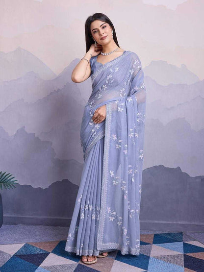 Chiffon Rin188 Canberry4 Sarees  Chiffon Embroidered Cutwork Sequins Work Sarees