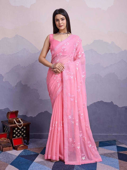 Chiffon Rin188 Canberry4 Sarees  Chiffon Embroidered Cutwork Sequins Work Sarees