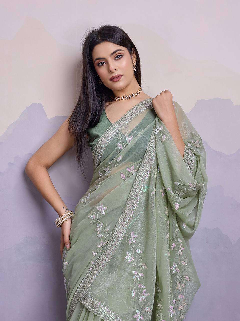 Chiffon Rin188 Canberry4 Sarees  Chiffon Embroidered Cutwork Sequins Work Sarees