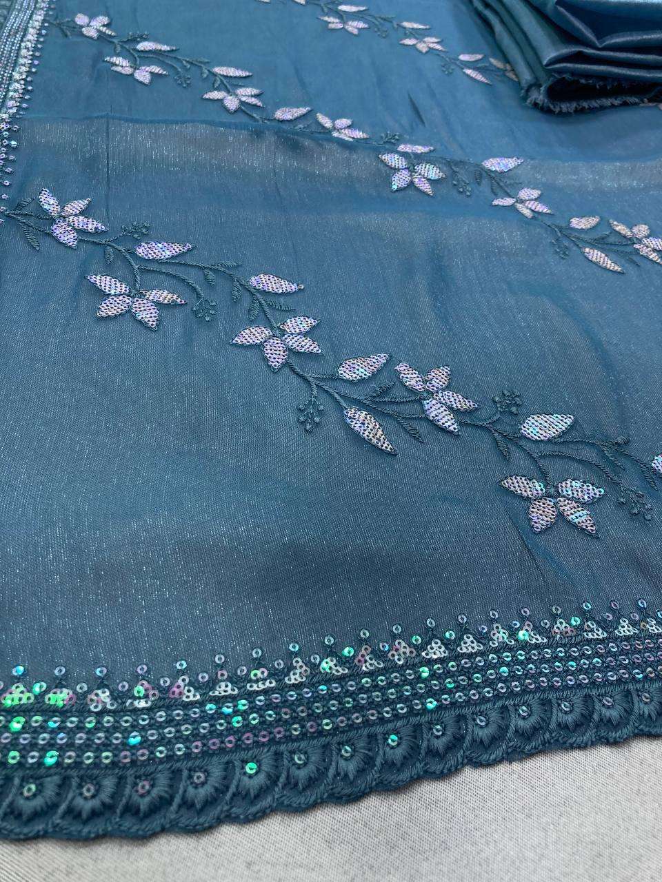 Chiffon Rin188 Canberry4 Sarees  Chiffon Embroidered Cutwork Sequins Work Sarees