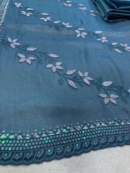 Chiffon Rin188 Canberry4 Sarees  Chiffon Embroidered Cutwork Sequins Work Sarees