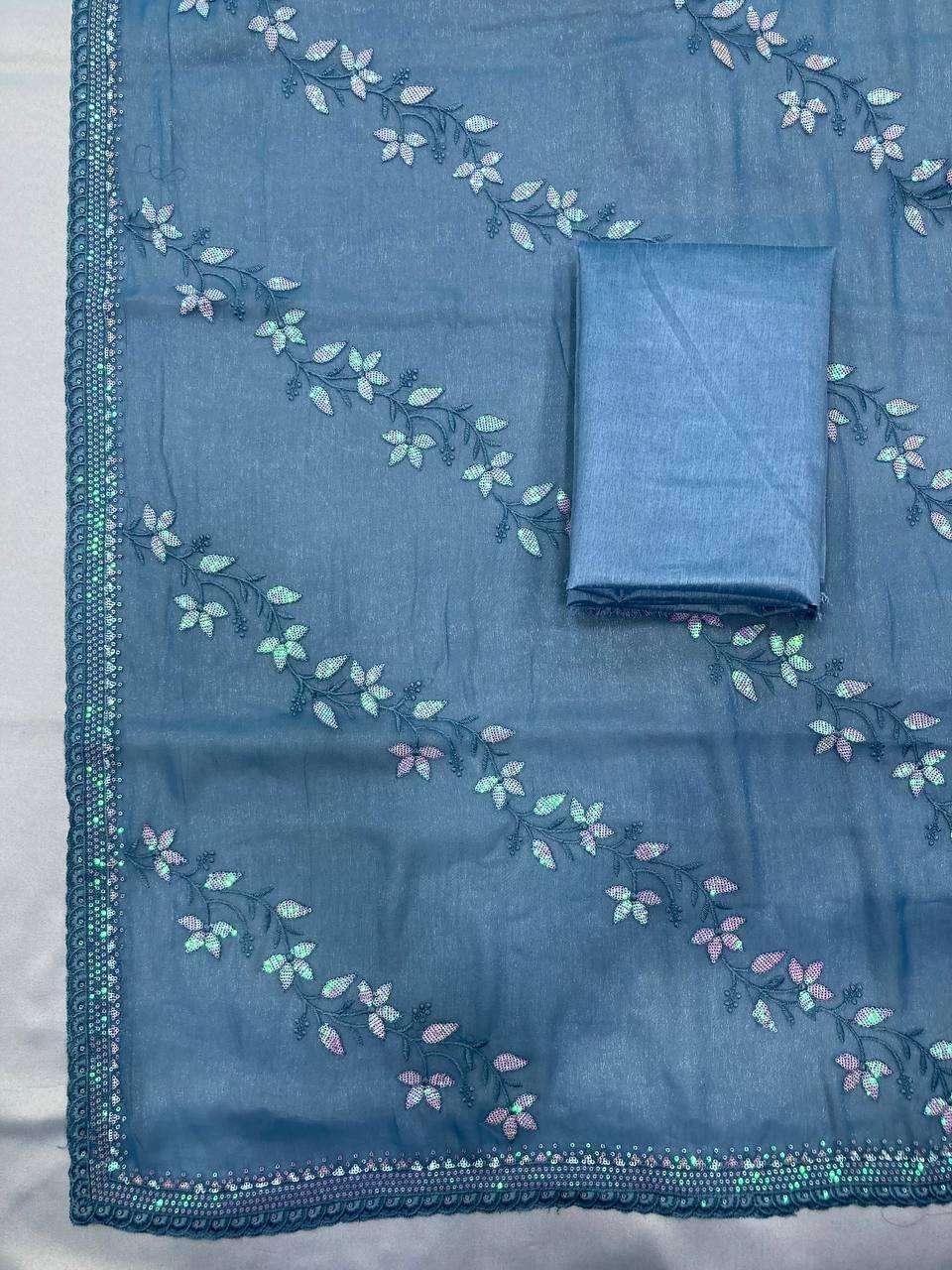 Chiffon Rin188 Canberry4 Sarees  Chiffon Embroidered Cutwork Sequins Work Sarees