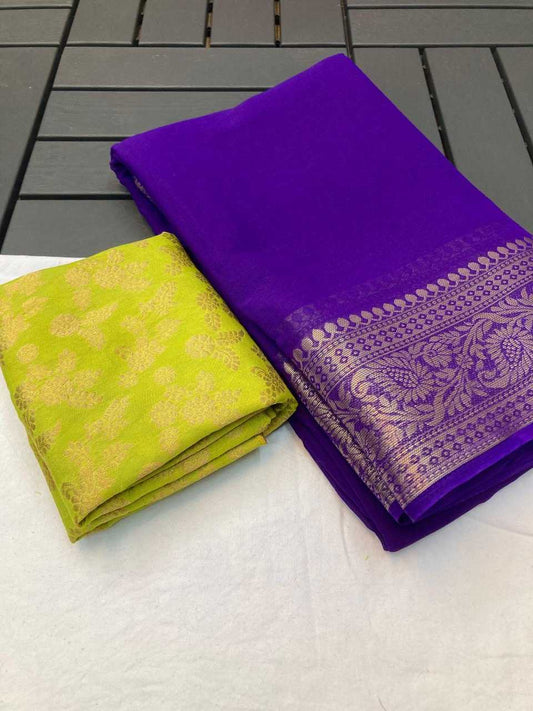 Chiffon Run Pallu Sarees  Chiffon Plain Lace Border Sarees